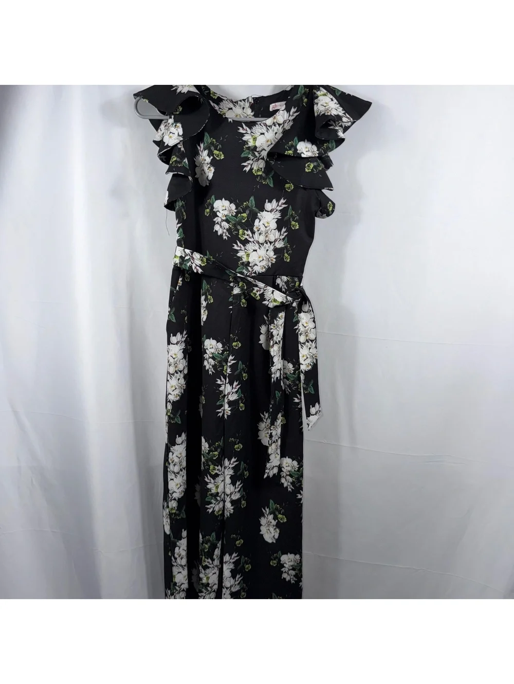 GB Girls Size 12 Black Floral Ruffle Sleeve Belted Romper Jumpsuit